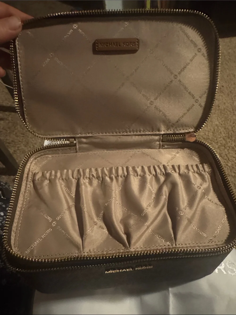 Michael Kors Chocolate Brown Textured Leather Double-Zip Toiletry Pouch